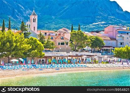 Town of Baska Voda beach and waterfront view, Makarska riviera in Dalmatia, Croatia