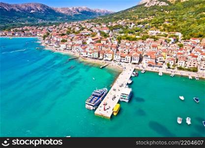 Town of Baska waterfront aerial panoramic view, tourist destination on Krk island, Adriatic, Croatia