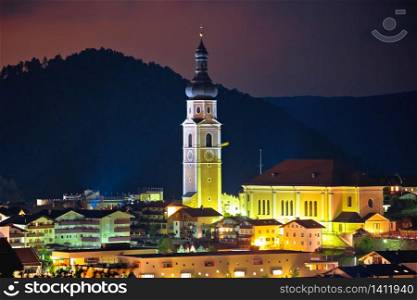 Town of church Kastelruth tower and skyline evening view, South Tyrol Alps region of Italy