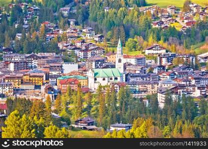 Town of Cortina d&rsquo; Ampezzo in green landscape of Dolomites Alps, Veneto region of Italy