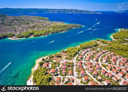 Town of Cres bay entrance aerial panoramic view, Island of Cres, Kvarner archipelago of Croatia