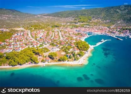 Town of Cres beach and coastline aerial view, Island of Cres, Kvarner archipelago of Croatia