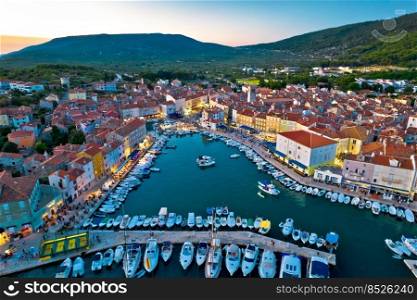 Town of Cres harbor aerial evening view, Island of Cres, Kvarner region of Croatia