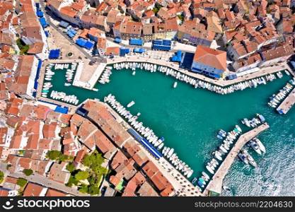 Town of Cres harbor and historic center aerial view, Island of Cres, Kvarner region of Croatia