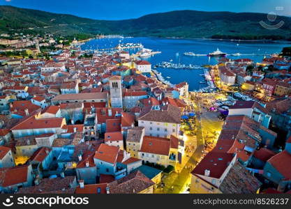 Town of Cres rooftops and waterfront aerial evening view, Island of Cres, Kvarner region of Croatia