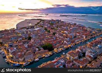 Town of Grado colorful architecture and archipelago aerial evening view, Friuli-Venezia Giulia region of Italy