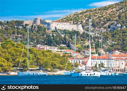 Town of Hvar and Fortica fortress view from the sea, Dalmatia archipelago of Croatia