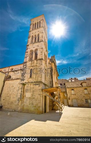 Town of Hvar church tower verical view, Dalmatia, Croatia
