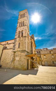 Town of Hvar church tower verical view, Dalmatia, Croatia