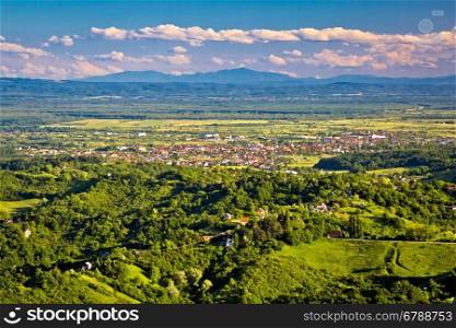 Town of Jastrebarsko and Zumberak vineyard region aerial view, northern Croatia