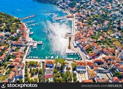 Town of Jelsa bay and waterfront aerial view, Hvar island, Dalmatia archipelago of Croatia