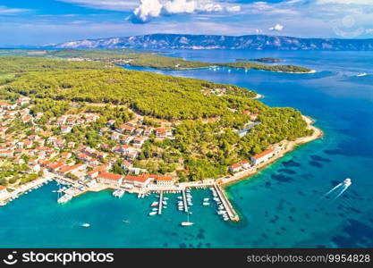 Town of Jelsa bay and waterfront aerial view, Hvar island, Dalmatia archipelago of Croatia