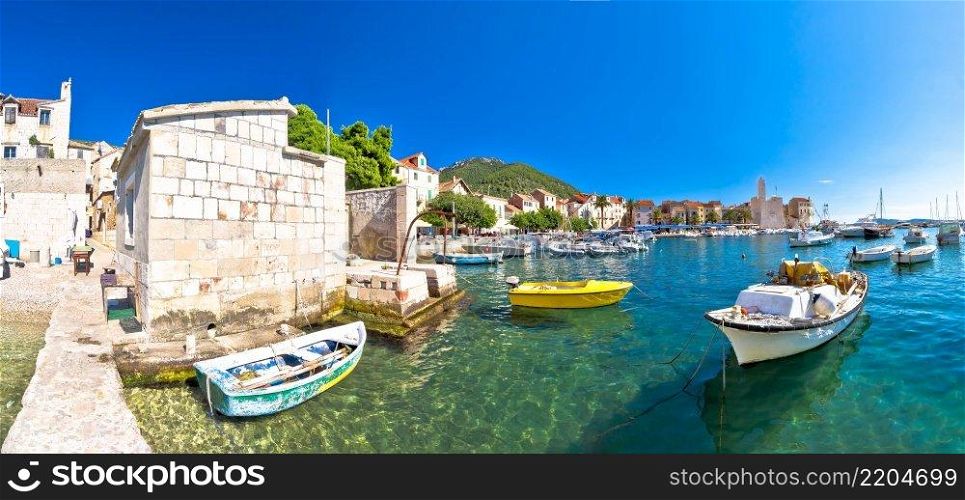 Town of Komiza on Vis island scenic waterfront panoramic view, Dalmatia archipelago of Croatia