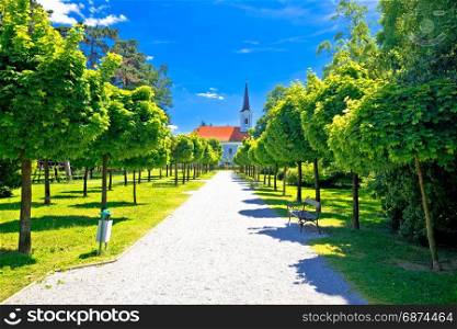 Town of Koprivnica park and church view, Podravina region of Croatia