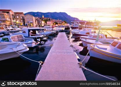 Town of Korcula coastline and harbor colorful sunset view, island in archipelago of southern Croatia 