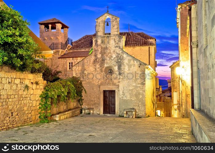 Town of Korcula main square stone church and architecture evening view, historic tourist destination in archipelago of southern Dalmatia, Croatia