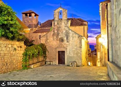 Town of Korcula main square stone church and architecture evening view, historic tourist destination in archipelago of southern Dalmatia, Croatia