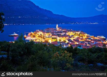 Town of Korcula panoramic evening view, historic tourist destination in archipelago of southern Dalmatia, Croatia