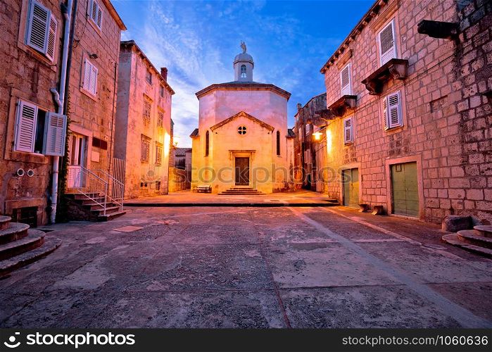 Town of Korcula square stone church and architecture evening view, historic tourist destination in archipelago of southern Dalmatia, Croatia
