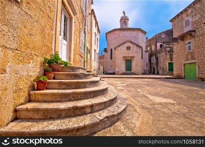 Town of Korcula square stone church and architecture view, historic tourist destination in archipelago of southern Dalmatia, Croatia