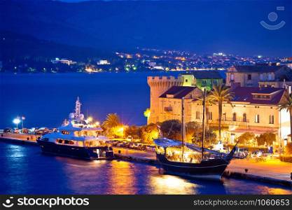 Town of Korcula yachting harbor evening view, historic tourist destination in archipelago of southern Dalmatia, Croatia