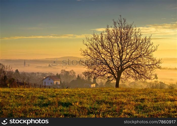 Town of Krizevci and landscape in morning fog, Prigorje region of Croatia