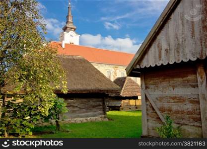 Town of Krizevci historic cottages and church view, Croatia