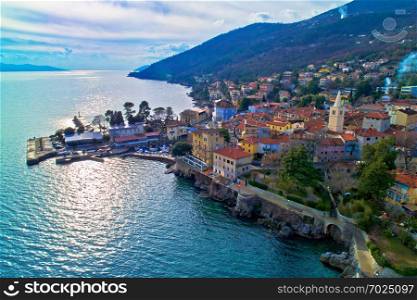 Town of Lovran and Lungomare sea walkway aerial panoramic view, Kvarner bay of Croatia