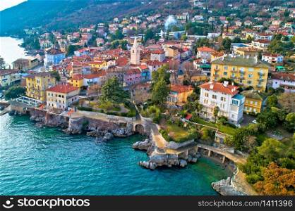 Town of Lovran and Lungomare sea walkway aerial view, Kvarner bay of Croatia