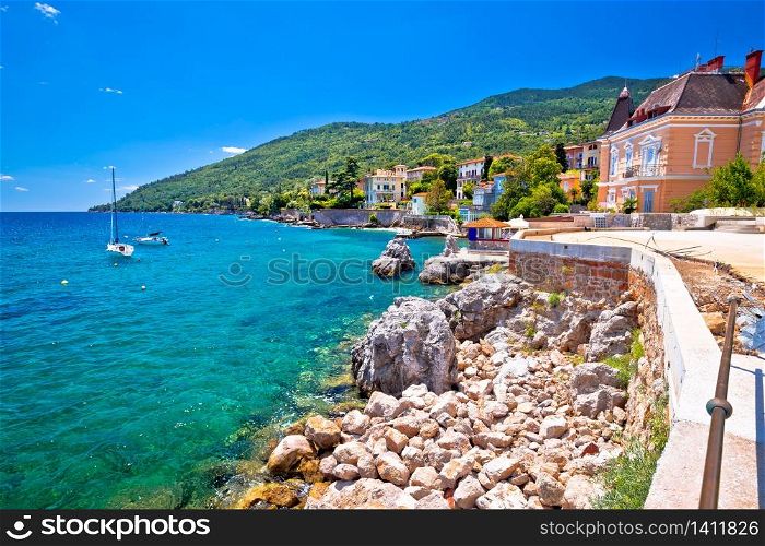 Town of Lovran coastline villas and turquoise sea view, Kvarner bay of Croatia