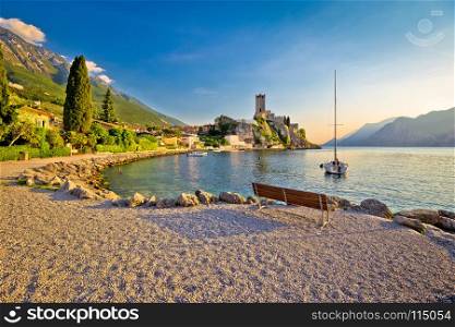 Town of Malcesine castle and beach view, Veneto region of Italy, Lago di Garda