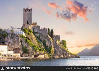 Town of Malcesine castle and waterfront view, Veneto region of Italy, Lago di Garda