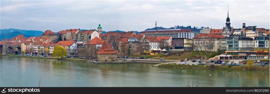Town of Maribor riverfront panoramic view, Slovenia