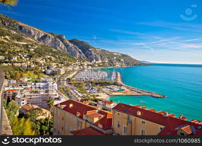 Town of Menton bay and French Italian border on Mediterranean coast view, southern France and Italy