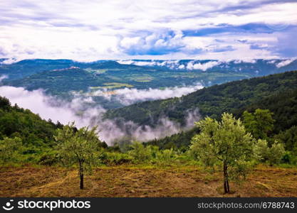 Town of Motovun landscape in fog view, Istria, Croatia