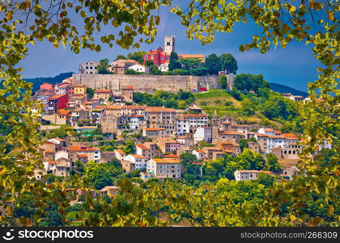 Town of Motovun on picturesque hill view through leaf frame, Istria, Croatia