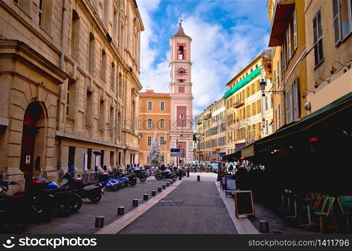 Town of Nice colorful street architecture and church view, tourist destination of French riviera, Alpes Maritimes depatment