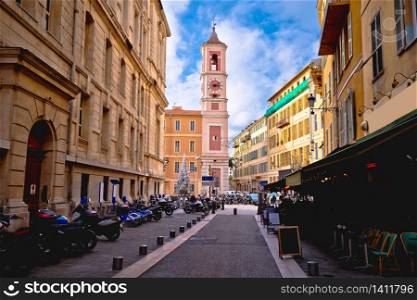 Town of Nice colorful street architecture and church view, tourist destination of French riviera, Alpes Maritimes depatment