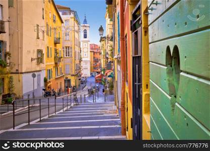 Town of Nice colorful street architecture and church view, tourist destination of French riviera, Alpes Maritimes depatment of France