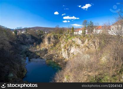 Town of Ogulin and Dobra river canyon abyss view, landscape of central Croatia