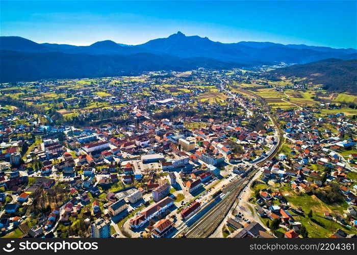 Town of Ogulin and Klek mountain aerial panoramic view, landscape of central Croatia