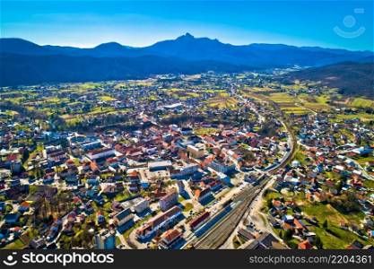Town of Ogulin and Klek mountain aerial panoramic view, landscape of central Croatia