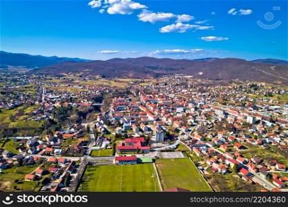 Town of Ogulin city center and Dobra river canyon aerial panoramic view, landscape of central Croatia