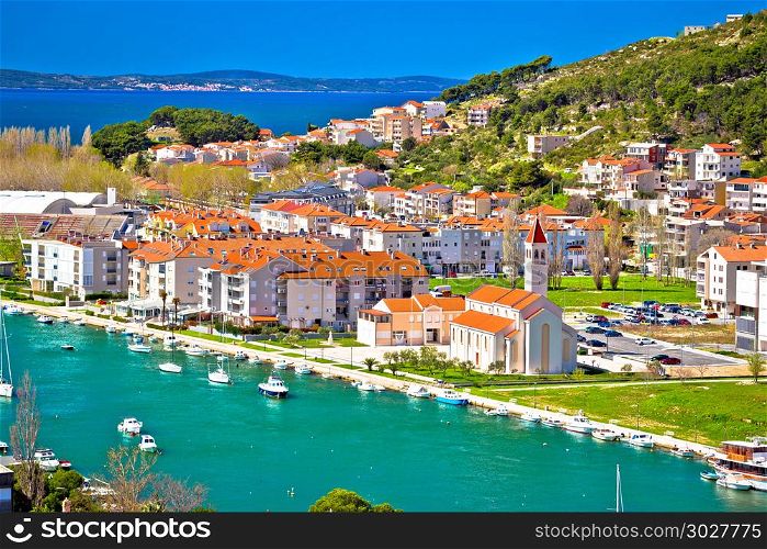 Town of Omis coast and rooftops panoramic view, Dalmatia region of Croatia. Town of Omis coast and rooftops panoramic view