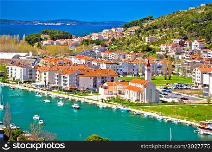 Town of Omis coast and rooftops panoramic view, Dalmatia region of Croatia. Town of Omis coast and rooftops panoramic view