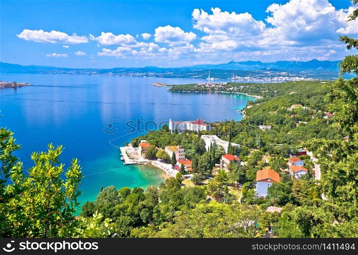 Town of Omisalj beach and coastline on Krk island aerial view, Kvarner bay of Croatia