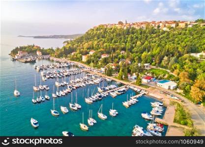 Town of Omisalj on Krk island aerial panorama, Kvarner bay of Croatia