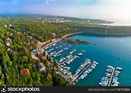 Town of Omisalj on Krk island Pesja bay aerial view, Kvarner bay of Croatia