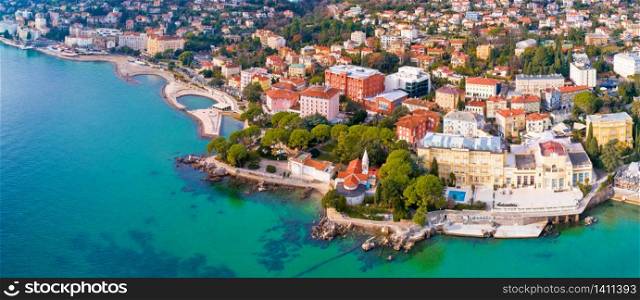 Town of Opatija and Lungomare sea walkway aerial panoramic view, Kvarner bay of Croatia