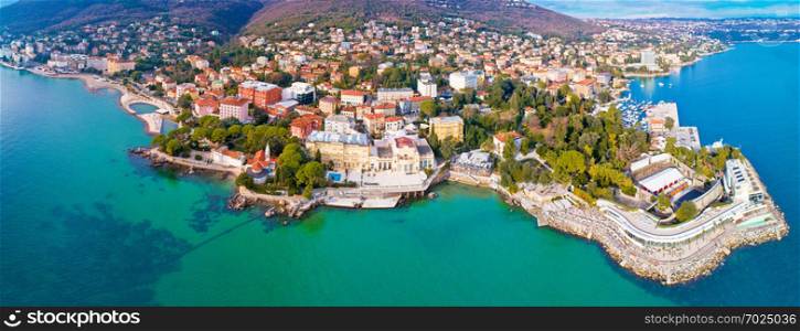 Town of Opatija and Lungomare sea walkway aerial panoramic view, Kvarner bay of Croatia